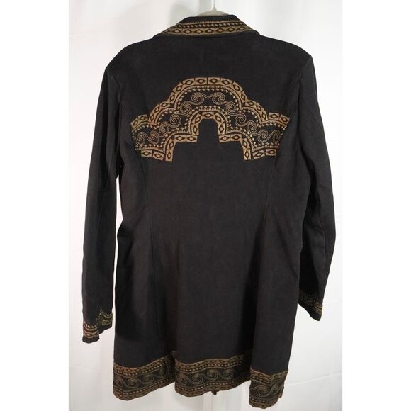 Paparazzi by Biz Black Long Denim Coat Embroidered w/ Gold Tan Intricate Design - Picture 9 of 10